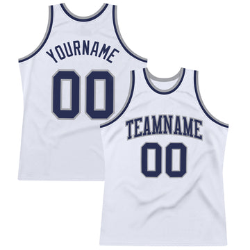 Custom White Navy-Gray Authentic Throwback Basketball Jersey