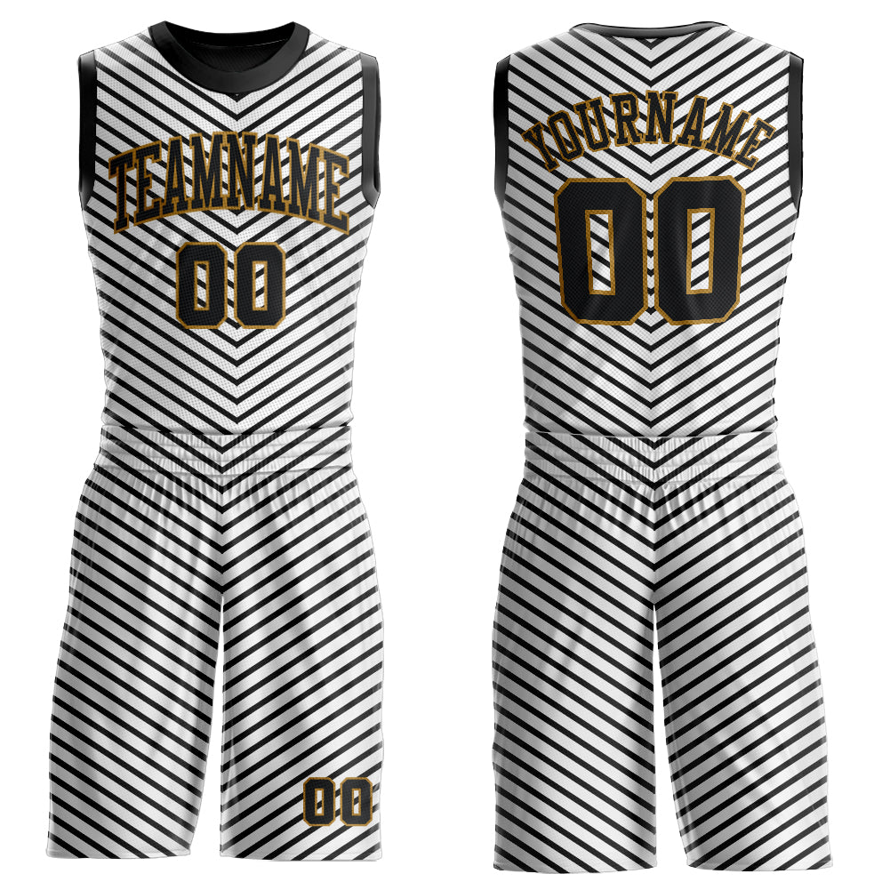 Custom White Black-Old Gold Round Neck Sublimation Basketball Suit Jersey