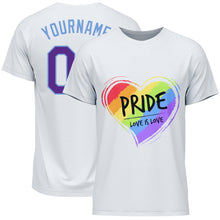 Laden Sie das Bild in den Galerie-Viewer, Custom White Purple-Light Blue Rainbow Colored Heart For Pride Love Is Love LGBT Performance T-Shirt

