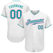 Load image into Gallery viewer, Custom White Teal-Pink Authentic Baseball Jersey
