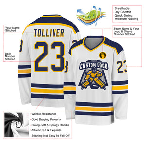 Custom White Navy-Gold Hockey Jersey