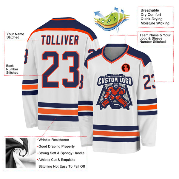 Cheap Custom White Blue-Orange Hockey Jersey Free Shipping