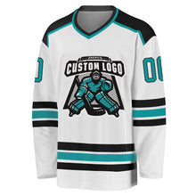 Laden Sie das Bild in den Galerie-Viewer, Custom White Aqua-Black Hockey Jersey
