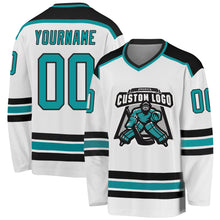 Laden Sie das Bild in den Galerie-Viewer, Custom White Aqua-Black Hockey Jersey
