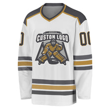 Загрузить изображение в средство просмотра галереи, Custom White Steel Gray-Old Gold Hockey Jersey
