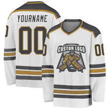 Загрузить изображение в средство просмотра галереи, Custom White Steel Gray-Old Gold Hockey Jersey
