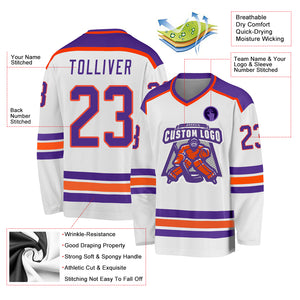 Custom White Purple-Orange Hockey Jersey