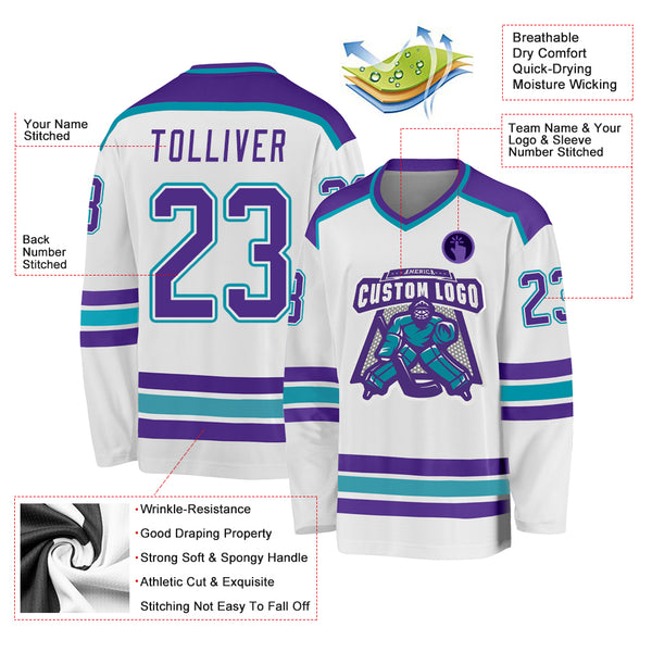 Custom Purple White-Teal Hockey Jersey