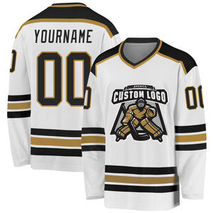 Custom White Black-Old Gold Hockey Jersey