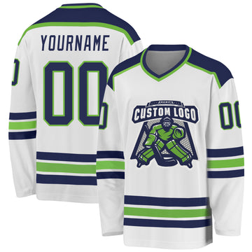 Custom White Navy-Neon Green Hockey Jersey