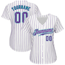 Загрузить изображение в средство просмотра галереи, Custom White Purple Pinstripe Purple-Teal Authentic Baseball Jersey
