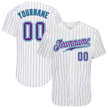 Загрузить изображение в средство просмотра галереи, Custom White Purple Pinstripe Purple-Teal Authentic Baseball Jersey
