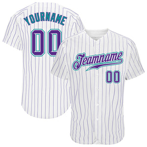 Custom White Purple Pinstripe Purple-Teal Authentic Baseball Jersey