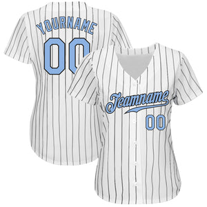 Custom White Black Pinstripe Light Blue-Black Authentic Baseball Jersey