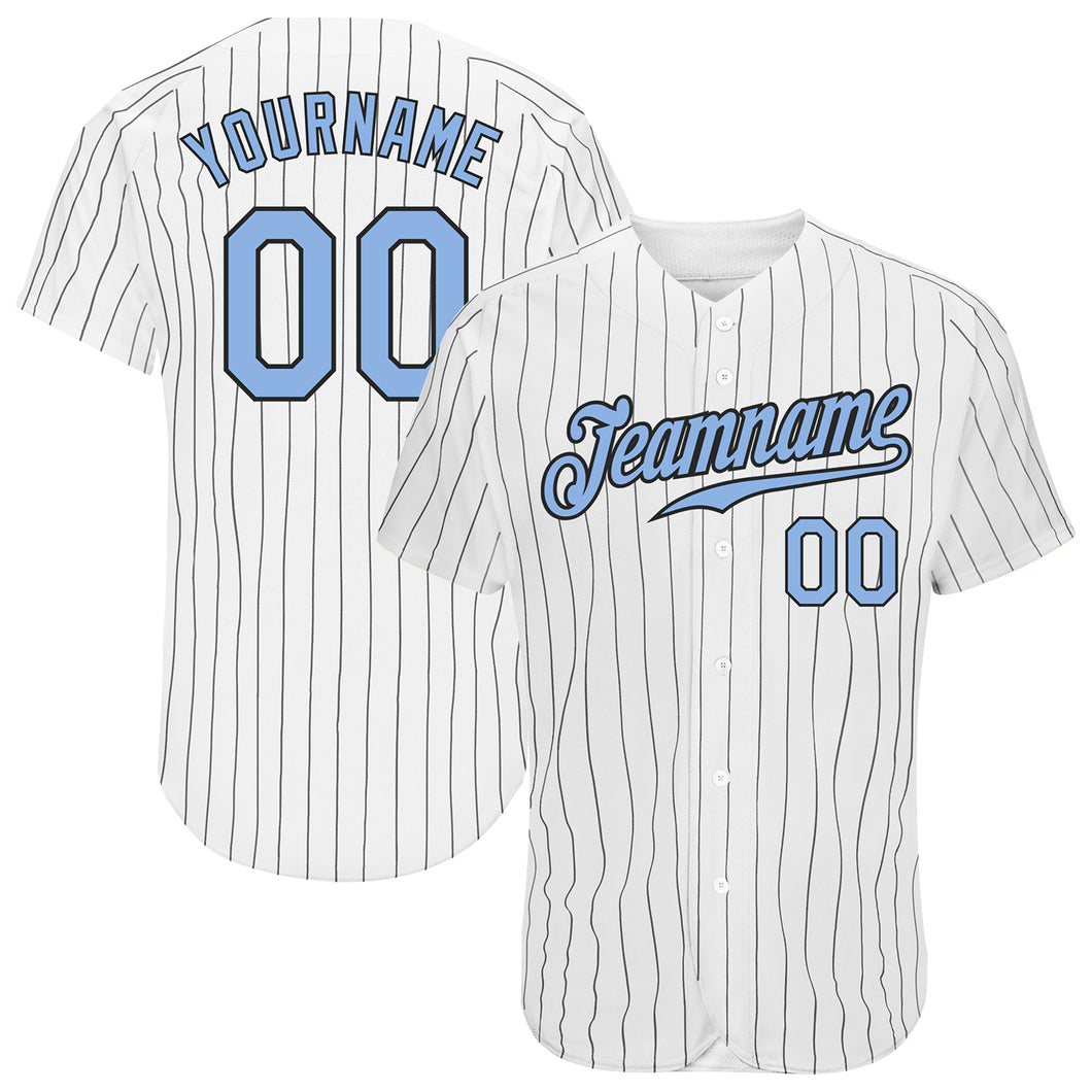 Custom White Black Pinstripe Light Blue-Black Authentic Baseball Jersey