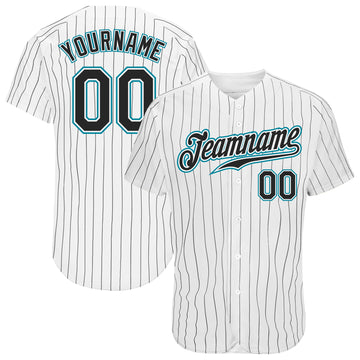 Custom White Black Pinstripe Black-Teal Authentic Baseball Jersey