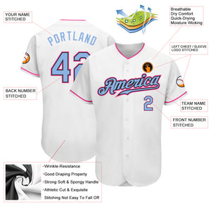 Custom White Light Blue Black-Pink Authentic Baseball Jersey