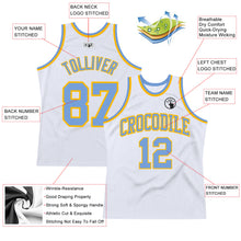 Laden Sie das Bild in den Galerie-Viewer, Custom White Light Blue-Gold Authentic Throwback Basketball Jersey
