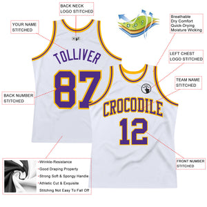 Custom White Purple-Gold Authentic Throwback Basketball Jersey