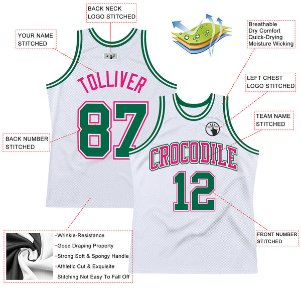 Custom White Pink-Kelly Green Authentic Throwback Basketball Jersey Discount