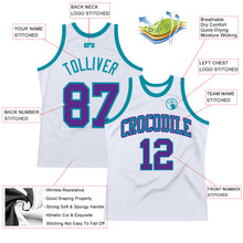 Load image into Gallery viewer, Custom White Purple-Teal Authentic Throwback Basketball Jersey
