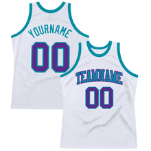 Load image into Gallery viewer, Custom White Purple-Teal Authentic Throwback Basketball Jersey
