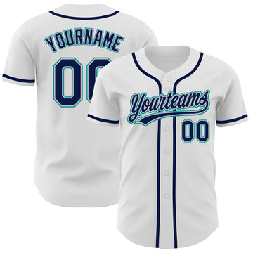 Custom White Navy Gray-Teal Authentic Baseball Jersey