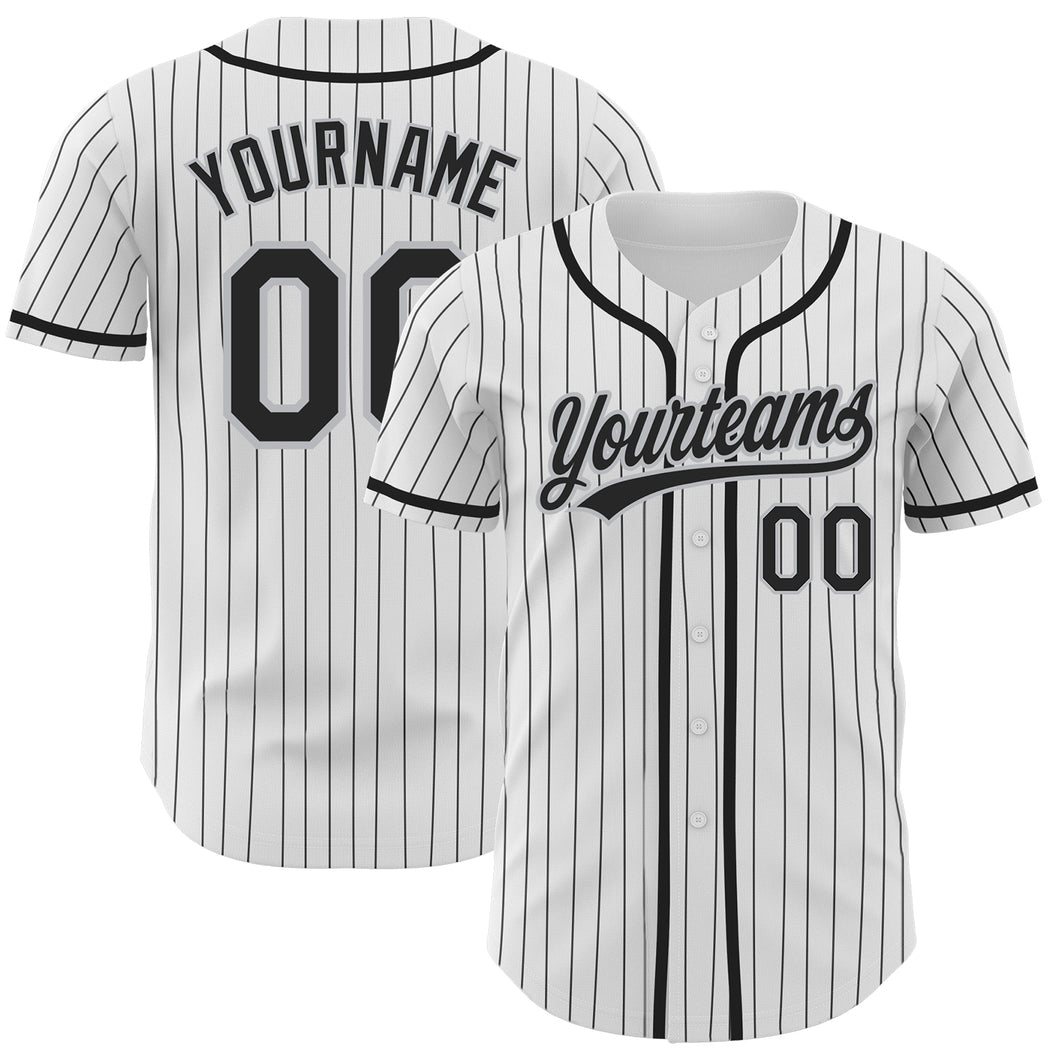 Custom White Black Pinstripe Black-Gray Authentic Baseball Jersey