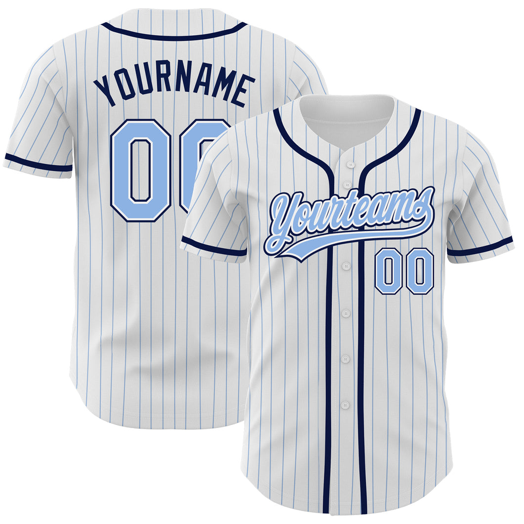 Custom White Light Blue Pinstripe Light Blue-Navy Authentic Baseball Jersey