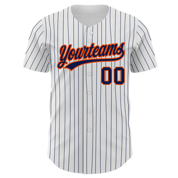 Custom White Navy Pinstripe Navy-Orange Authentic Baseball Jersey