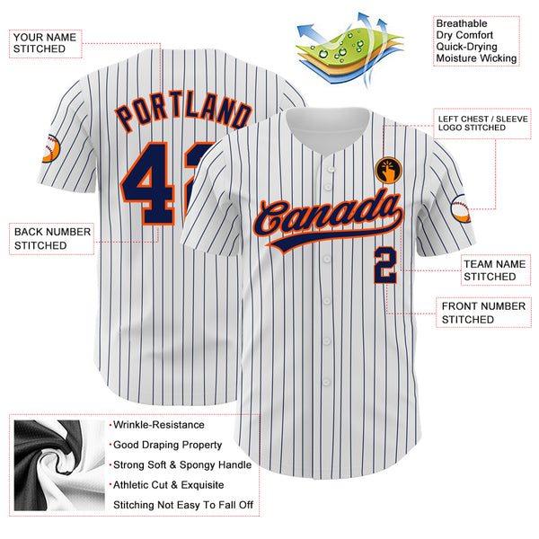 Custom White Navy Pinstripe Navy-Orange Authentic Baseball Jersey