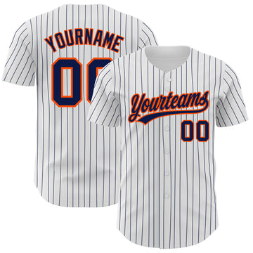 Custom White Navy Pinstripe Navy-Orange Authentic Baseball Jersey