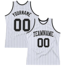 Laden Sie das Bild in den Galerie-Viewer, Custom White Black Pinstripe Black-Gray Authentic Basketball Jersey
