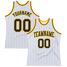 Laden Sie das Bild in den Galerie-Viewer, Custom White Black Pinstripe Black-Gold Authentic Basketball Jersey
