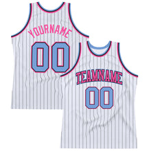 Laden Sie das Bild in den Galerie-Viewer, Custom White Black Pinstripe Light Blue-Pink Authentic Basketball Jersey
