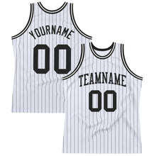 Load image into Gallery viewer, Custom White Black Pinstripe Black Authentic Basketball Jersey
