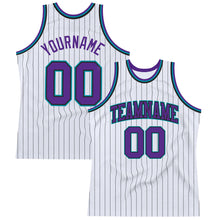 Laden Sie das Bild in den Galerie-Viewer, Custom White Black Pinstripe Purple-Teal Authentic Basketball Jersey
