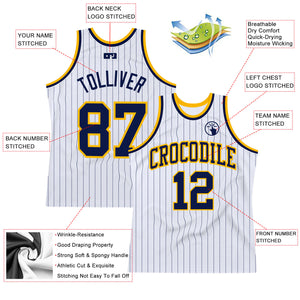 Custom White Navy Pinstripe Navy-Gold Authentic Basketball Jersey