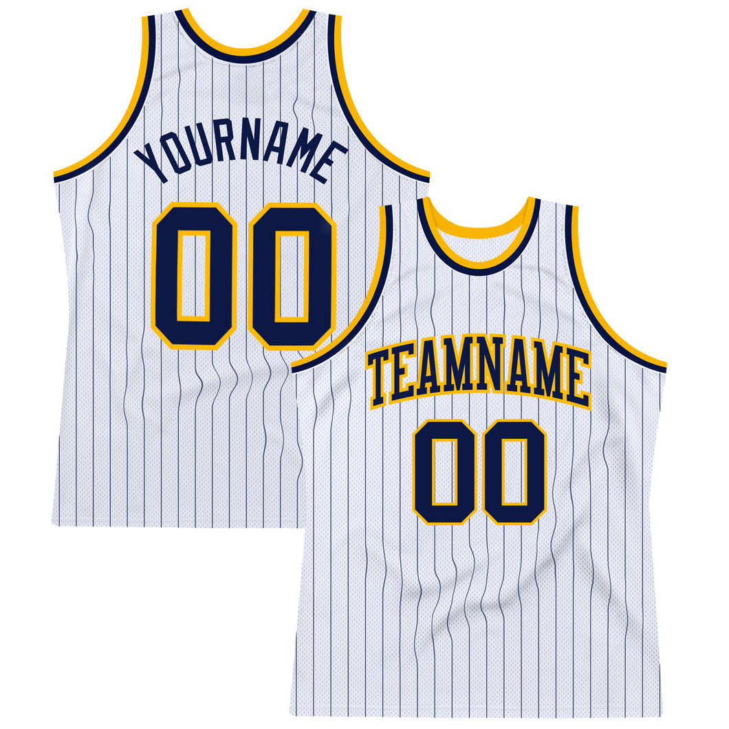 Custom White Navy Pinstripe Navy-Gold Authentic Basketball Jersey