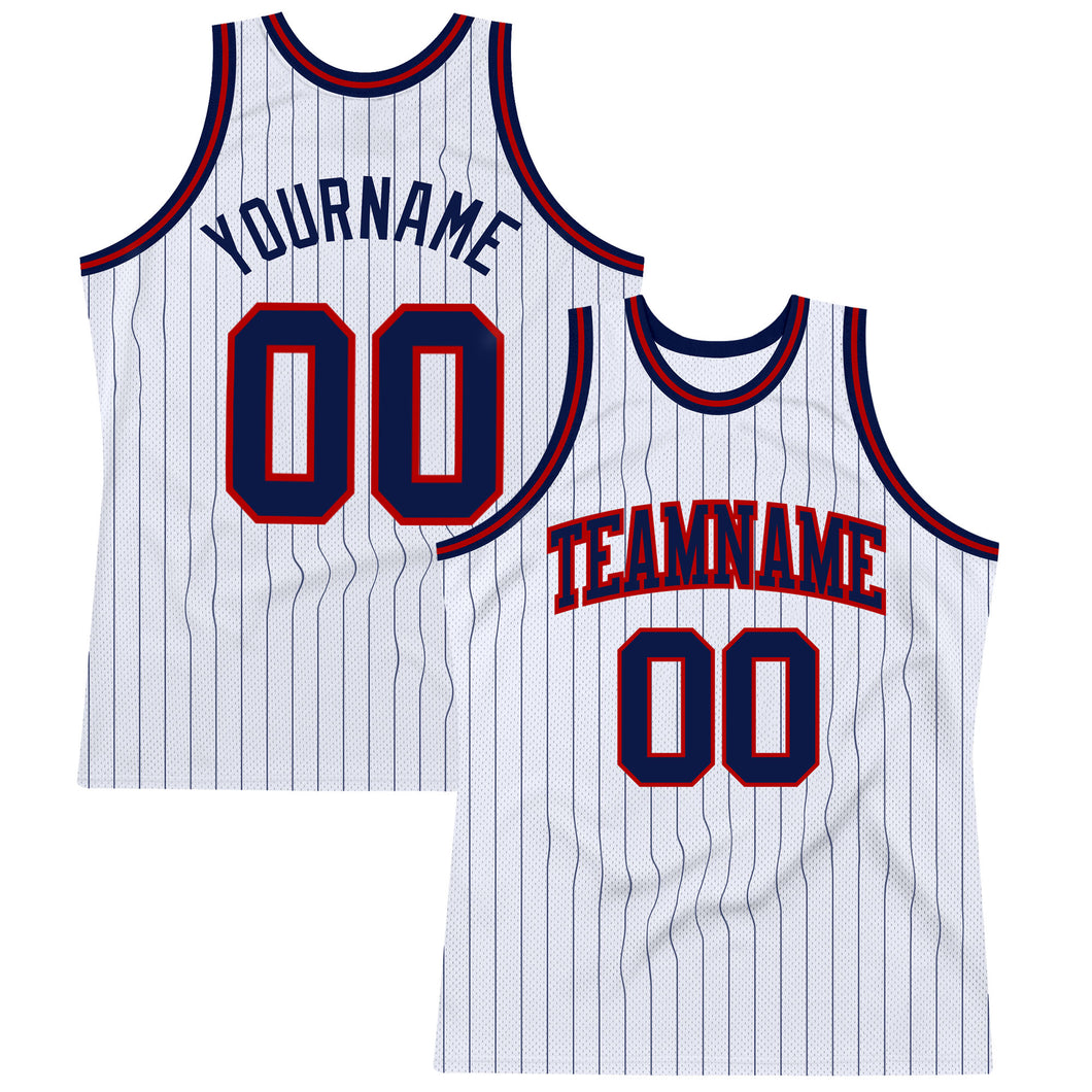 Custom White Navy Pinstripe Navy-Red Authentic Basketball Jersey