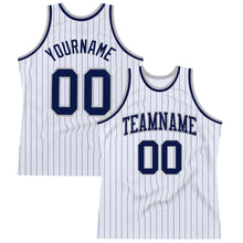 Load image into Gallery viewer, Custom White Navy Pinstripe Navy-Gray Authentic Basketball Jersey
