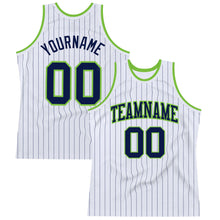 Laden Sie das Bild in den Galerie-Viewer, Custom White Navy Pinstripe Navy-Neon Green Authentic Basketball Jersey
