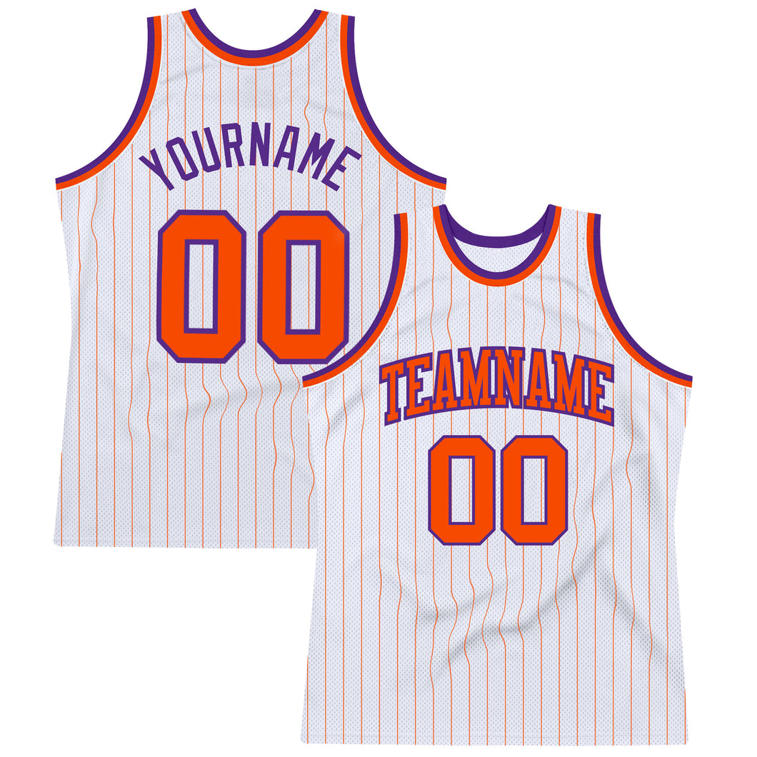 Custom White Orange Pinstripe Orange-Purple Authentic Basketball Jersey