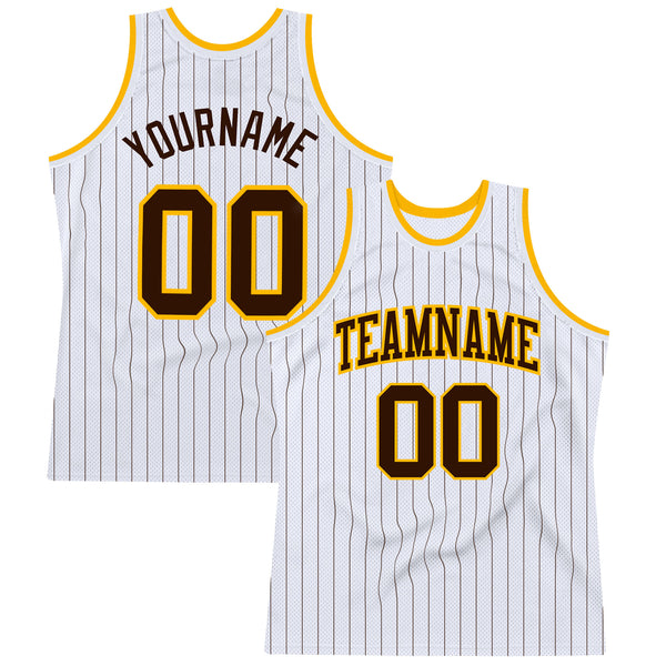 Custom White Brown Pinstripe Brown-Gold Authentic Throwback Basketball  Jersey Discount