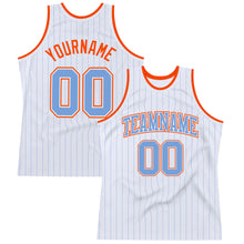 Laden Sie das Bild in den Galerie-Viewer, Custom White Light Blue Pinstripe Light Blue-Orange Authentic Basketball Jersey
