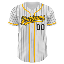 Laden Sie das Bild in den Galerie-Viewer, Custom White Black Pinstripe Gold Authentic Baseball Jersey
