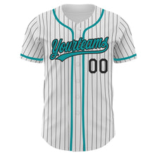 Laden Sie das Bild in den Galerie-Viewer, Custom White Black Pinstripe Teal Authentic Baseball Jersey
