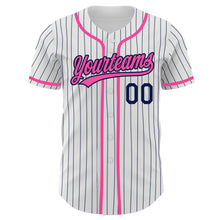 Laden Sie das Bild in den Galerie-Viewer, Custom White Navy Pinstripe Pink Authentic Baseball Jersey
