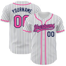 Laden Sie das Bild in den Galerie-Viewer, Custom White Navy Pinstripe Pink Authentic Baseball Jersey
