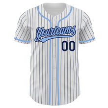 Laden Sie das Bild in den Galerie-Viewer, Custom White Navy Pinstripe Light Blue Authentic Baseball Jersey
